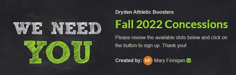 Dryden Athletic Boosters Fall 2022 Concession Signup