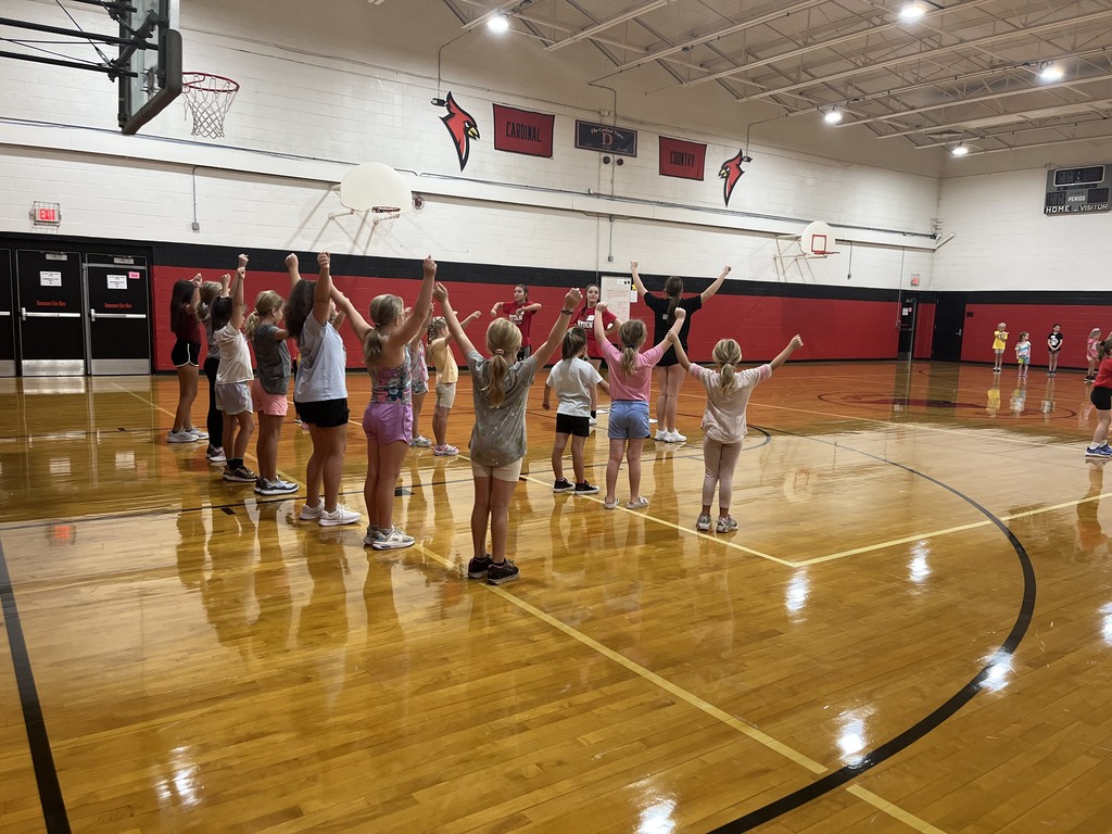cheerleaders standing in a line on gym floor